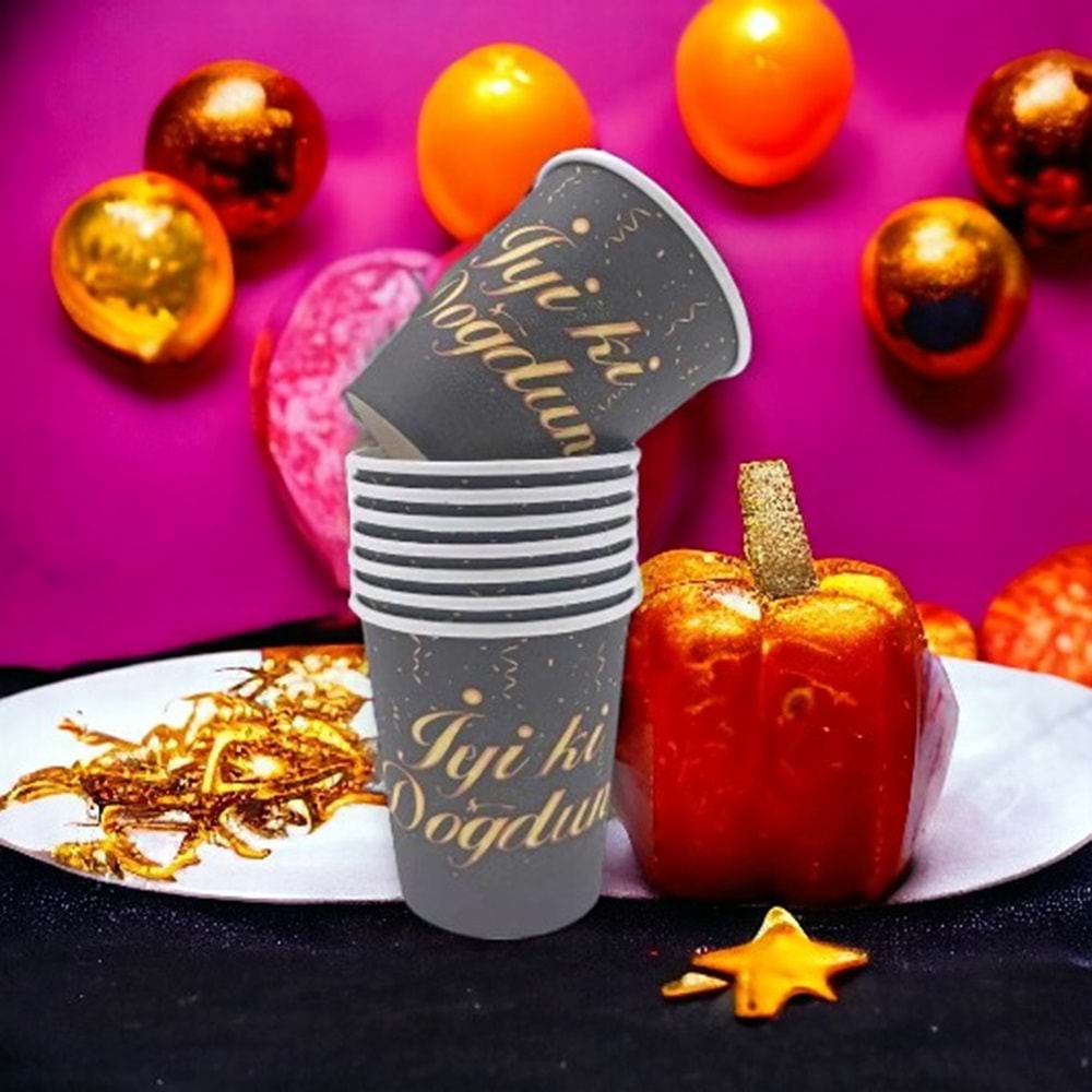 KARTON BARDAK - İYİ Kİ DOĞDUN SİYAH - 8 OZ - 8 Lİ