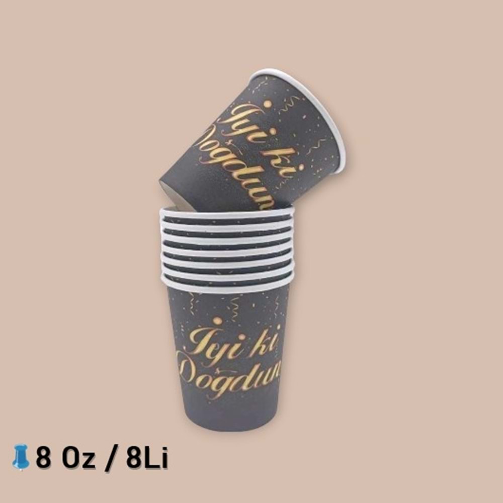 KARTON BARDAK - İYİ Kİ DOĞDUN SİYAH - 8 OZ - 8 Lİ
