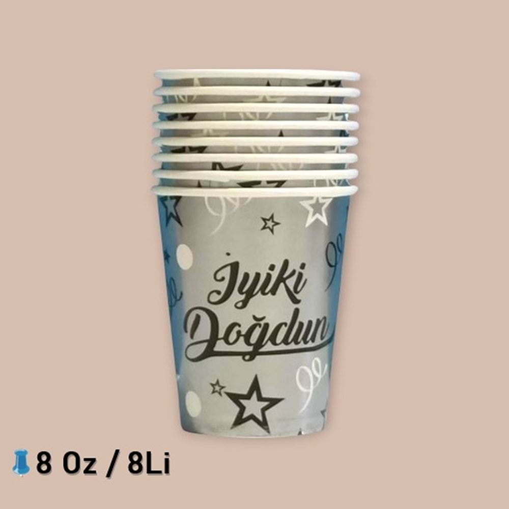 KARTON BARDAK - İYİ Kİ DOĞDUN GRİ - 8 OZ - 8 Lİ