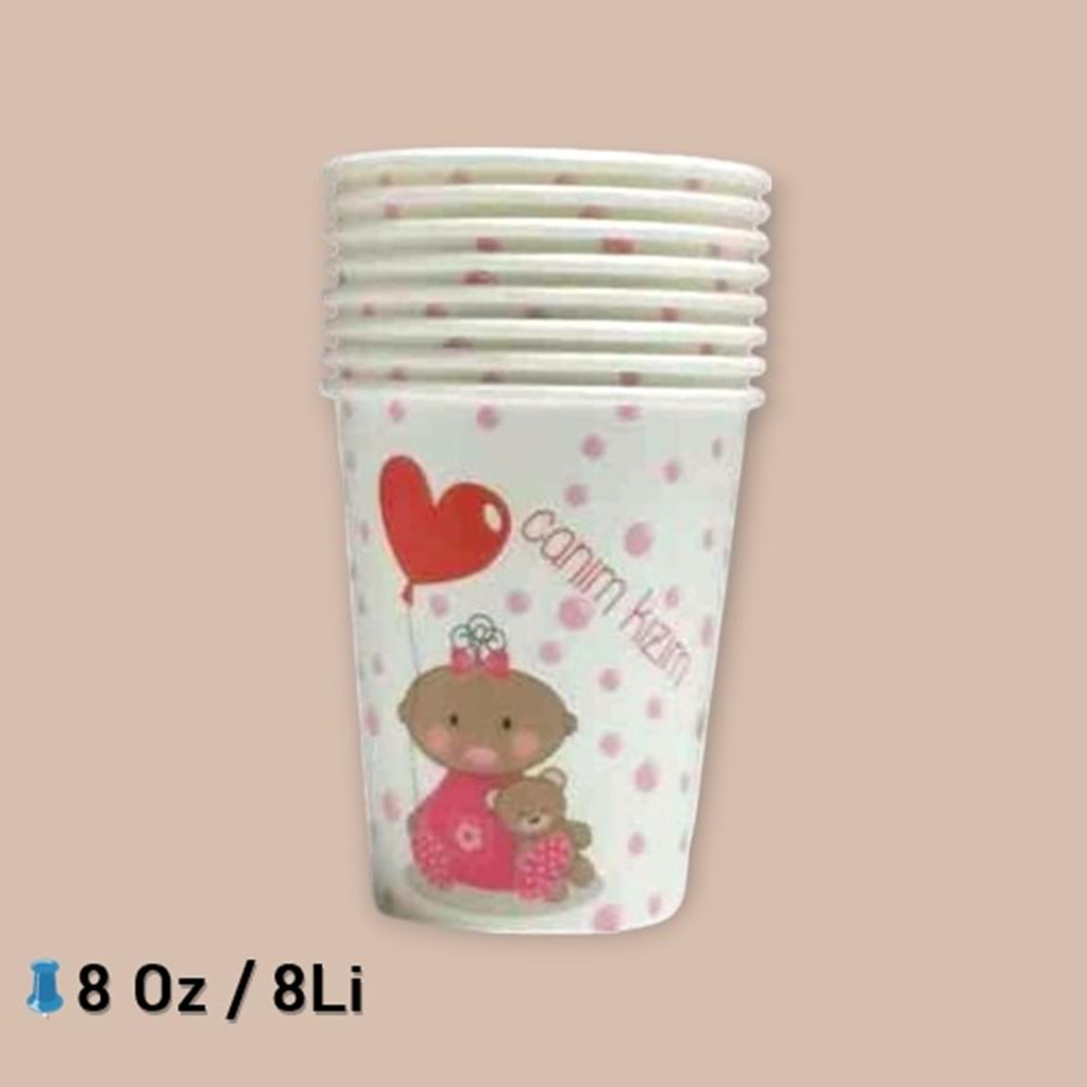 KARTON BARDAK - CANIM KIZIM PEMBE PUANTİYELİ - 8 OZ - 8 Lİ
