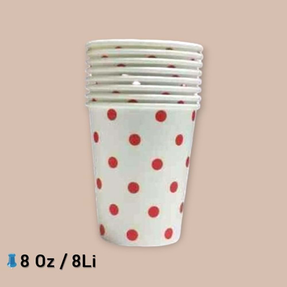KARTON BARDAK - BEYAZ KIRMIZI PUANTİYELİ - 8 OZ - 8 Lİ