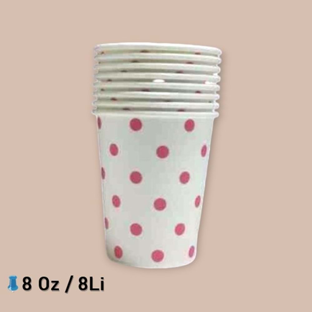 KARTON BARDAK - BEYAZ PEMBE PUANTİYELİ - 8 OZ - 8 Lİ