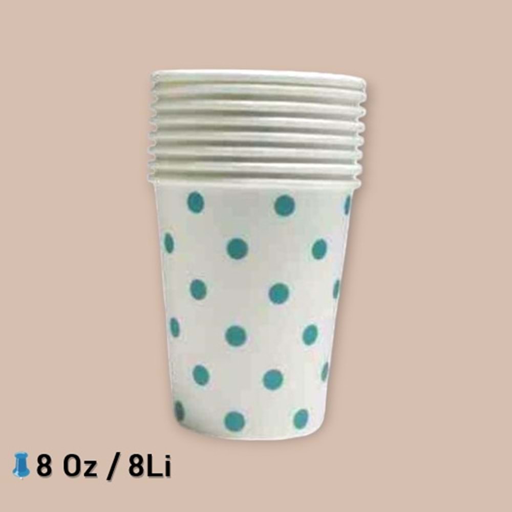 KARTON BARDAK - BEYAZ TURKUAZ PUANTİYELİ - 8 OZ - 8 Lİ