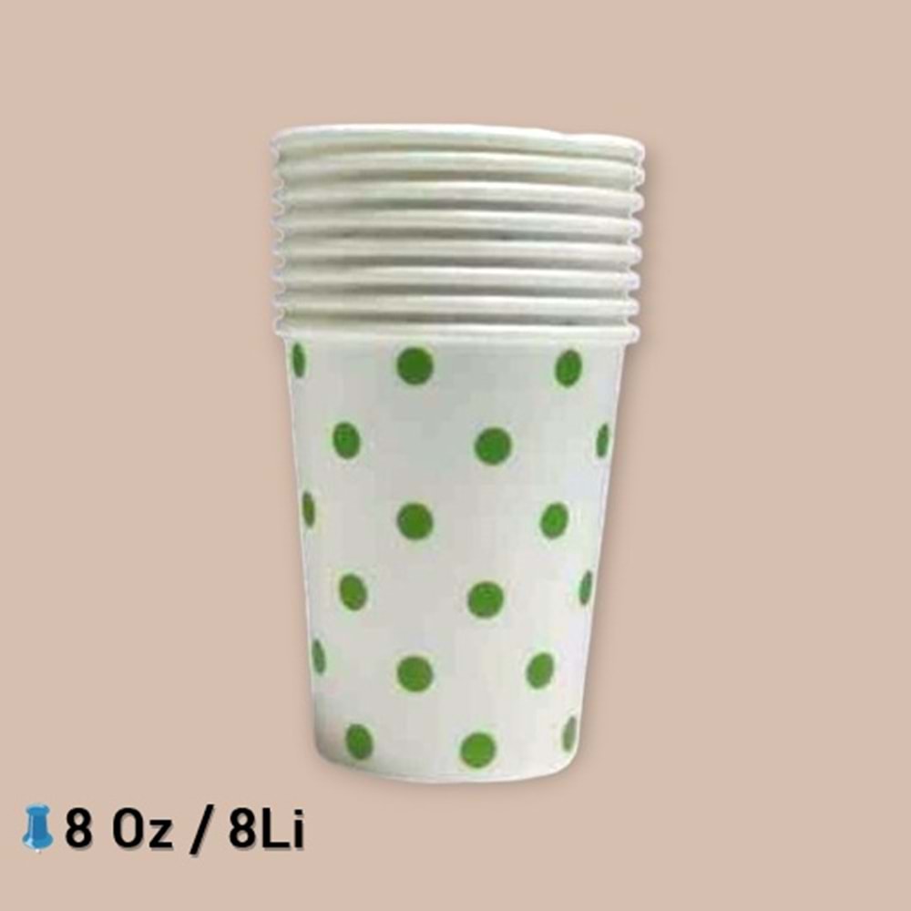 KARTON BARDAK - BEYAZ YEŞİL PUANTİYELİ - 8 OZ - 8 Lİ