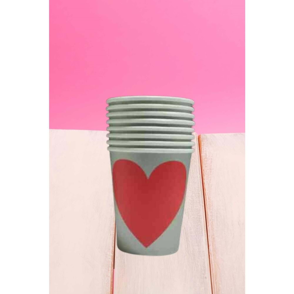 KARTON BARDAK - GRİ KIRMIZI KALP - 8 OZ - 8 Lİ