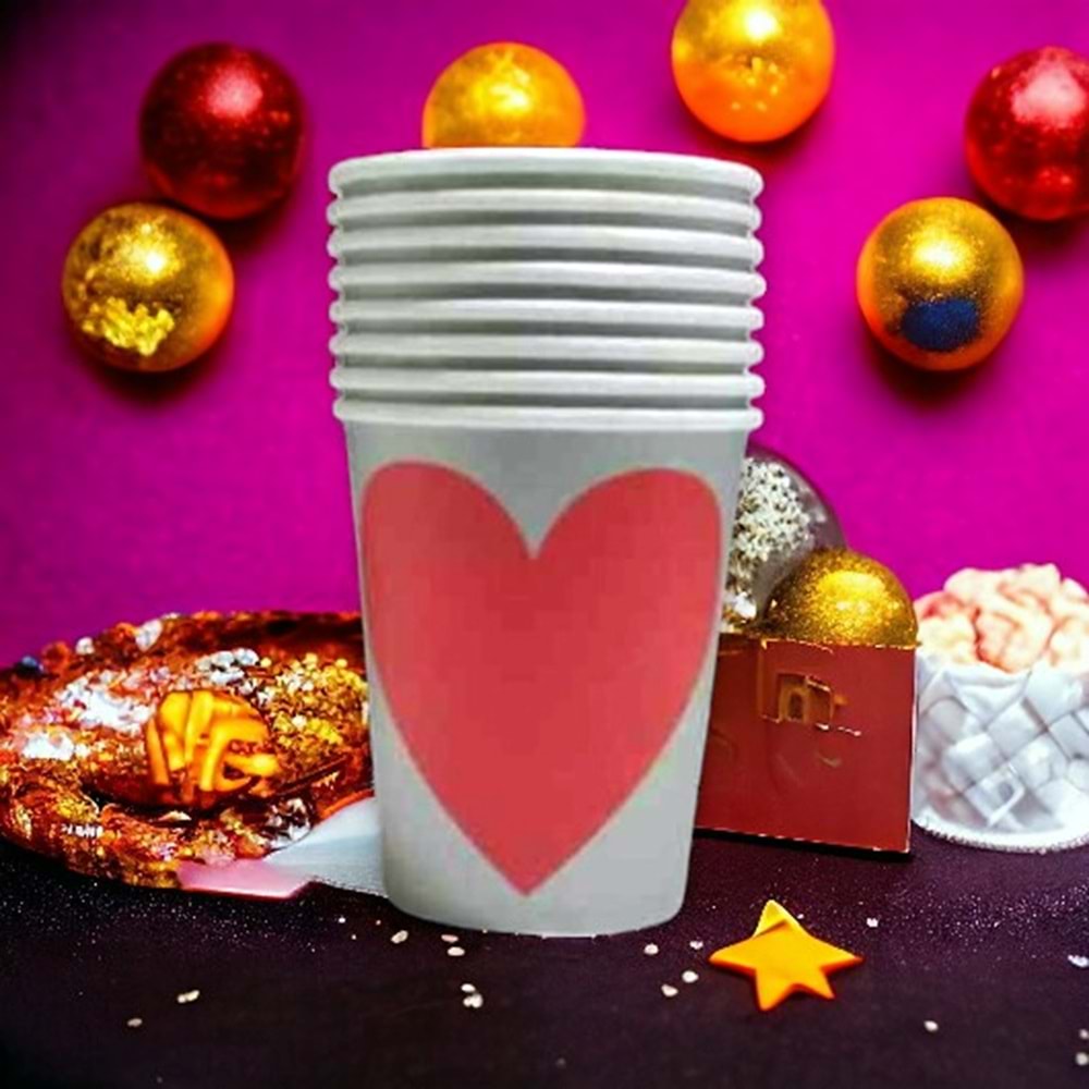 KARTON BARDAK - GRİ KIRMIZI KALP - 8 OZ - 8 Lİ