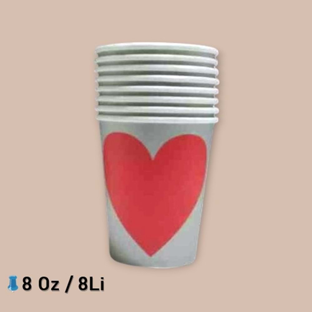 KARTON BARDAK - GRİ KIRMIZI KALP - 8 OZ - 8 Lİ