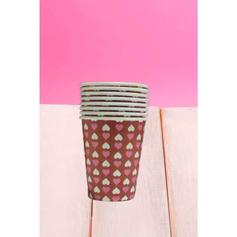 KARTON BARDAK - KIRMIZI BEYAZ PEMBE KALP - 8 OZ - 8 Lİ