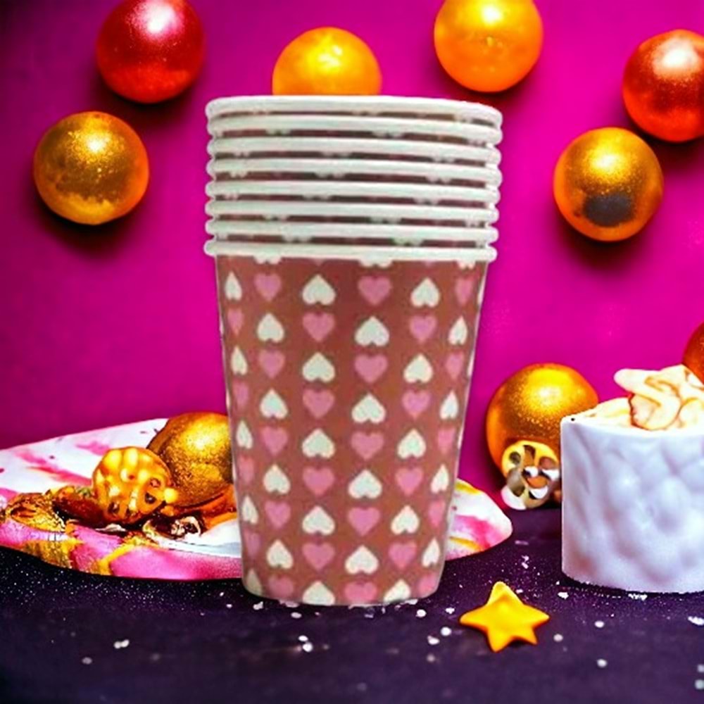 KARTON BARDAK - KIRMIZI BEYAZ PEMBE KALP - 8 OZ - 8 Lİ