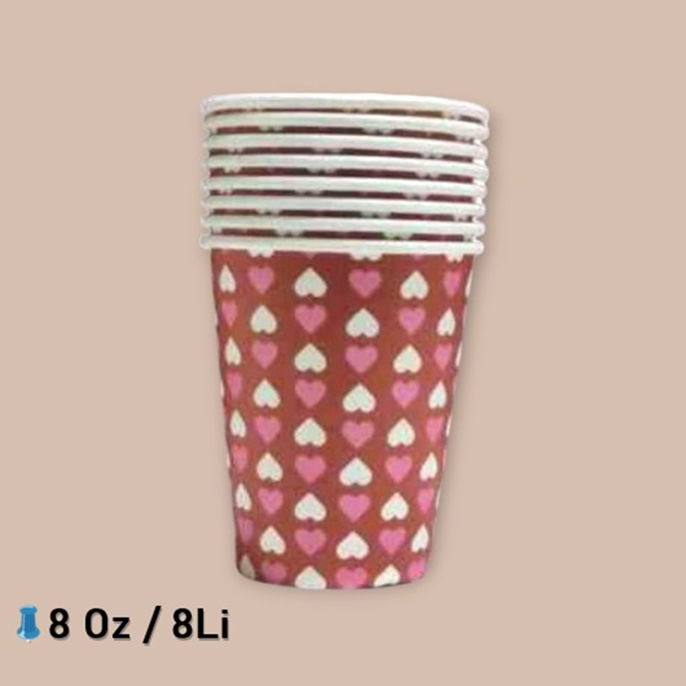 KARTON BARDAK - KIRMIZI BEYAZ PEMBE KALP - 8 OZ - 8 Lİ