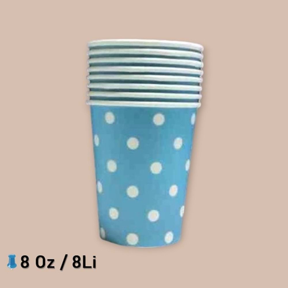 KARTON BARDAK - MAVİ BEYAZ PUANTİYELİ - 8 OZ - 8 Lİ