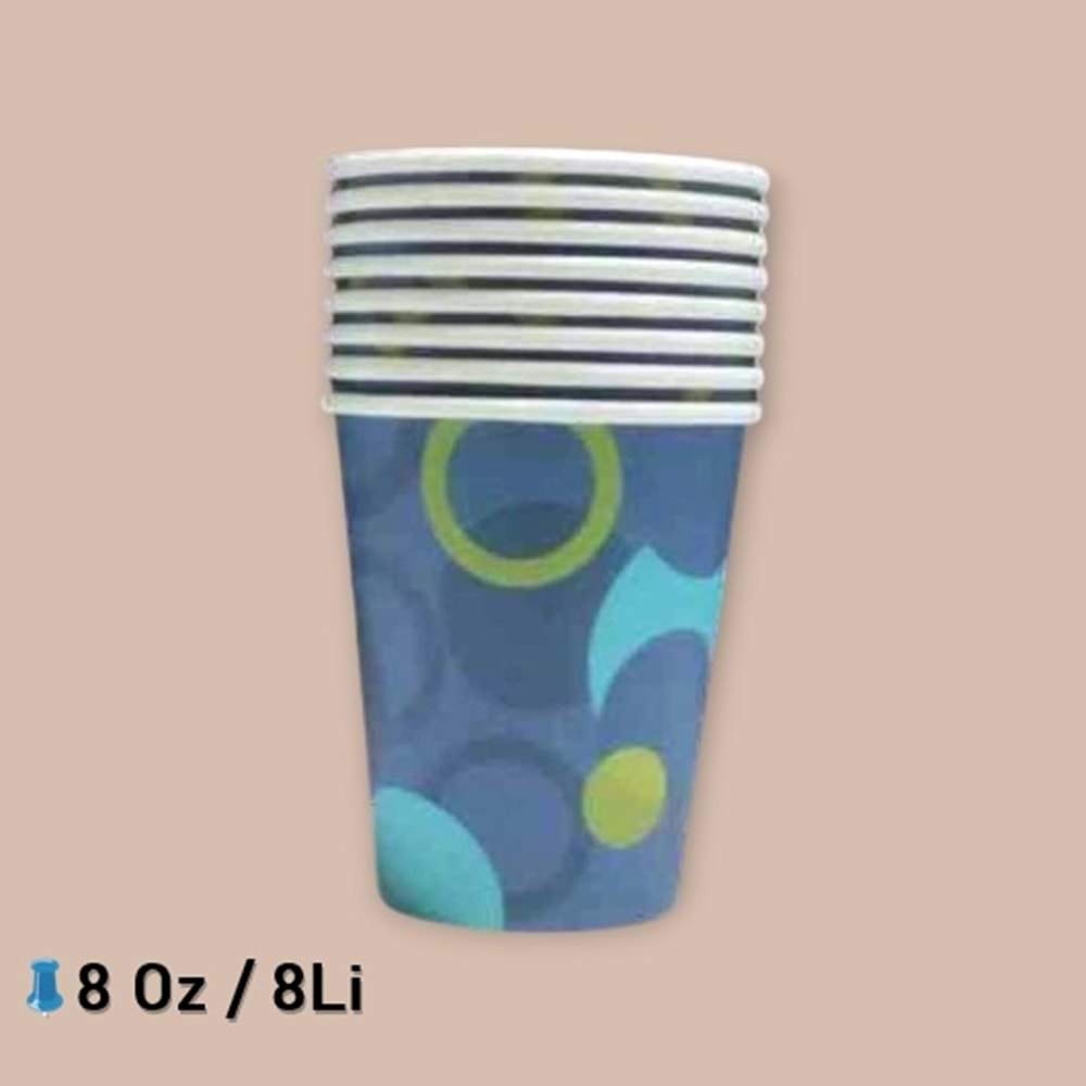 KARTON BARDAK - LACİVERT MAVİ YEŞİL DESENLİ - 8 OZ - 8 Lİ