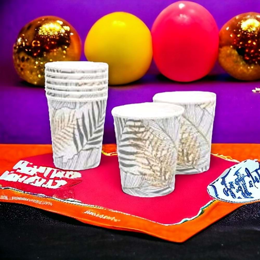 KARTON BARDAK - ALTIN SİMLİ YAPRAKLAR BEYAZ - 8 OZ - 8Lİ