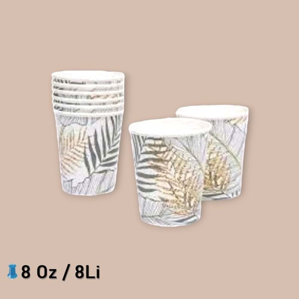 KARTON BARDAK - ALTIN SİMLİ YAPRAKLAR BEYAZ - 8 OZ - 8Lİ