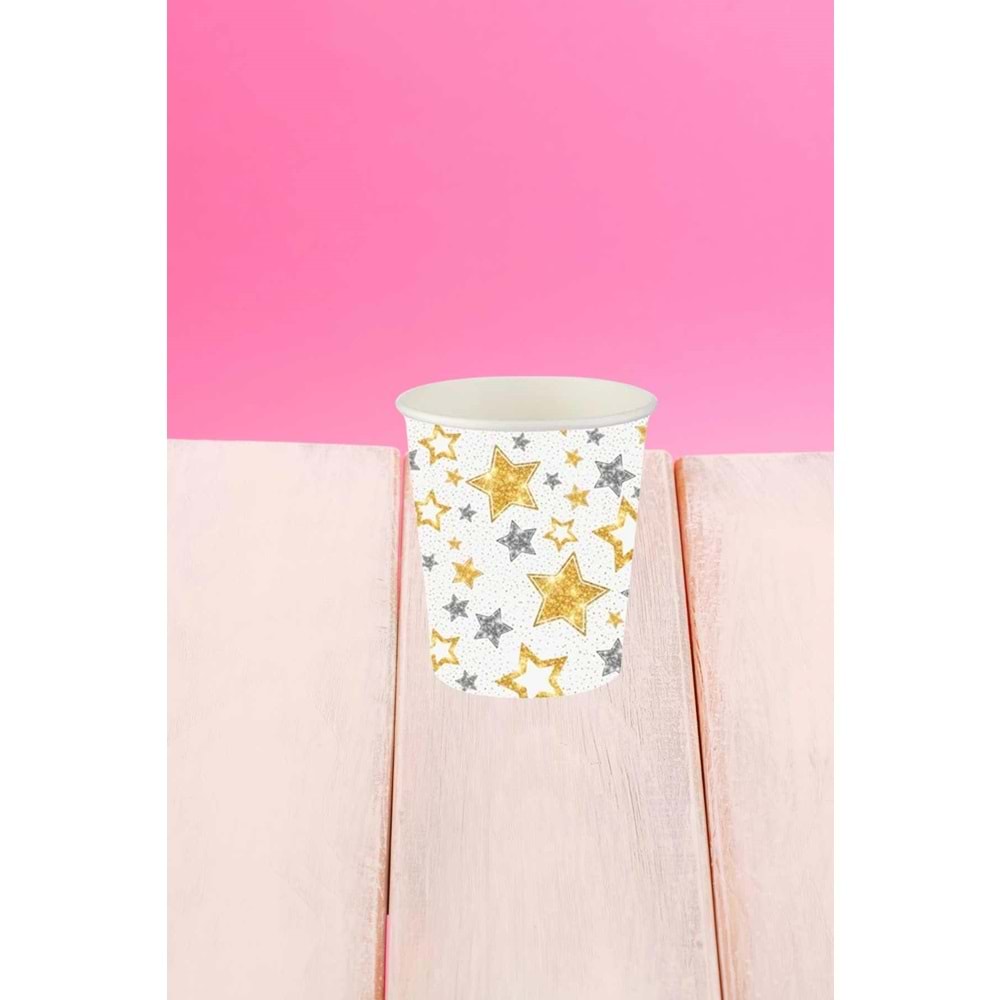 KARTON BARDAK - YILDIZLAR BEYAZ - 8 OZ - 8Lİ