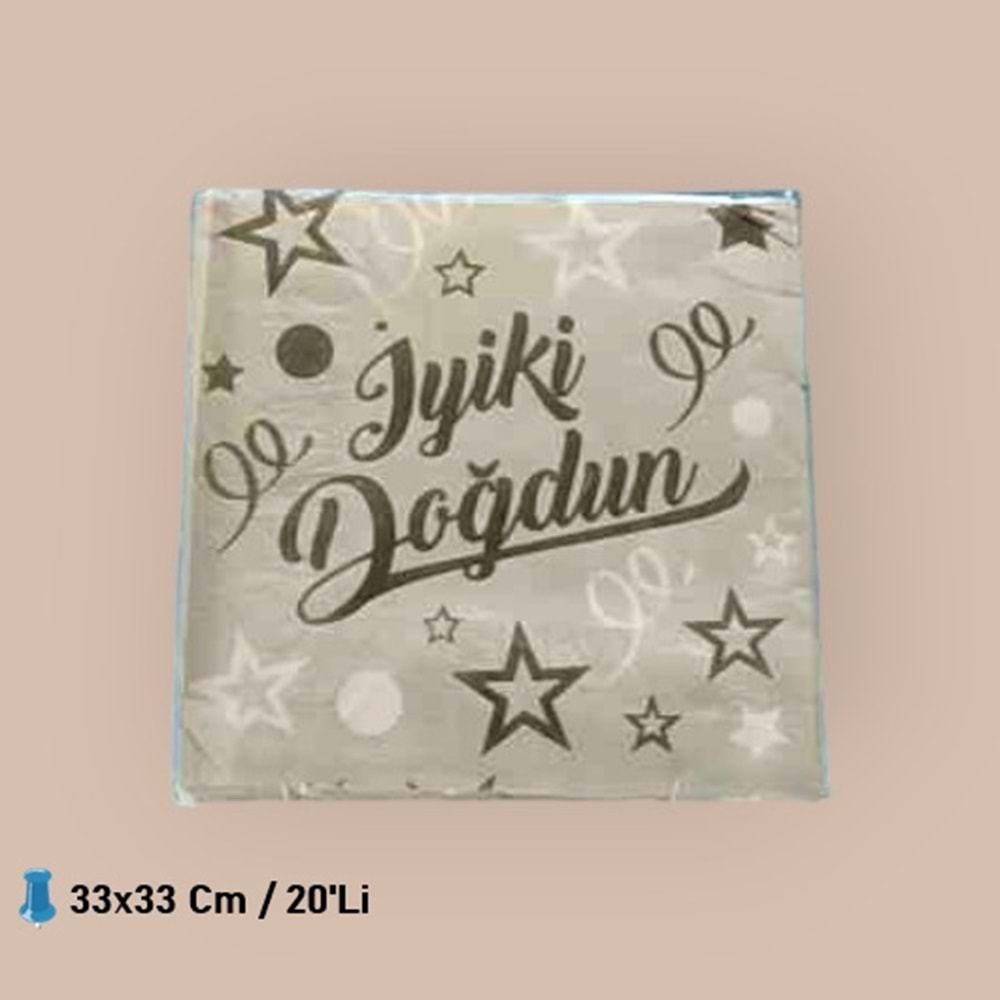 KAĞIT PEÇETE 33x33 CM - İYİ Kİ DOĞDUN GÜMÜŞ - 20 Lİ