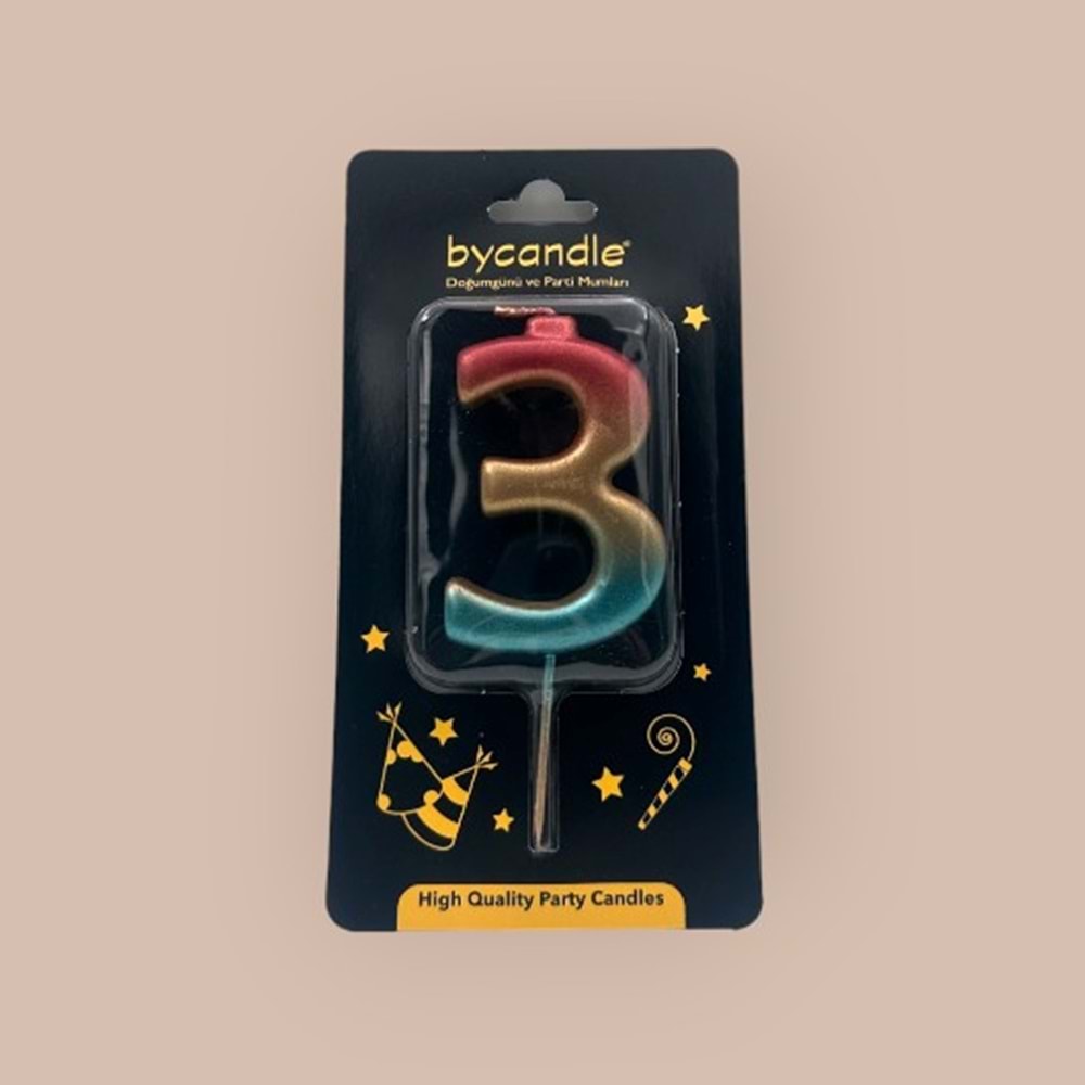 BYCANDLE - RAKAM MUM - RAINBOW - 3 - ALTIN - 7 CM