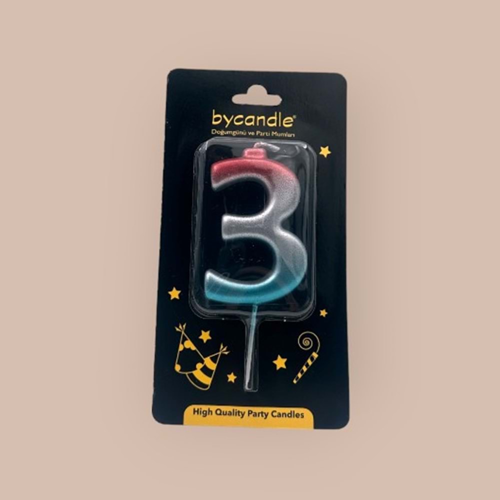 BYCANDLE - RAKAM MUM - RAINBOW - 3 - GÜMÜŞ - 7 CM