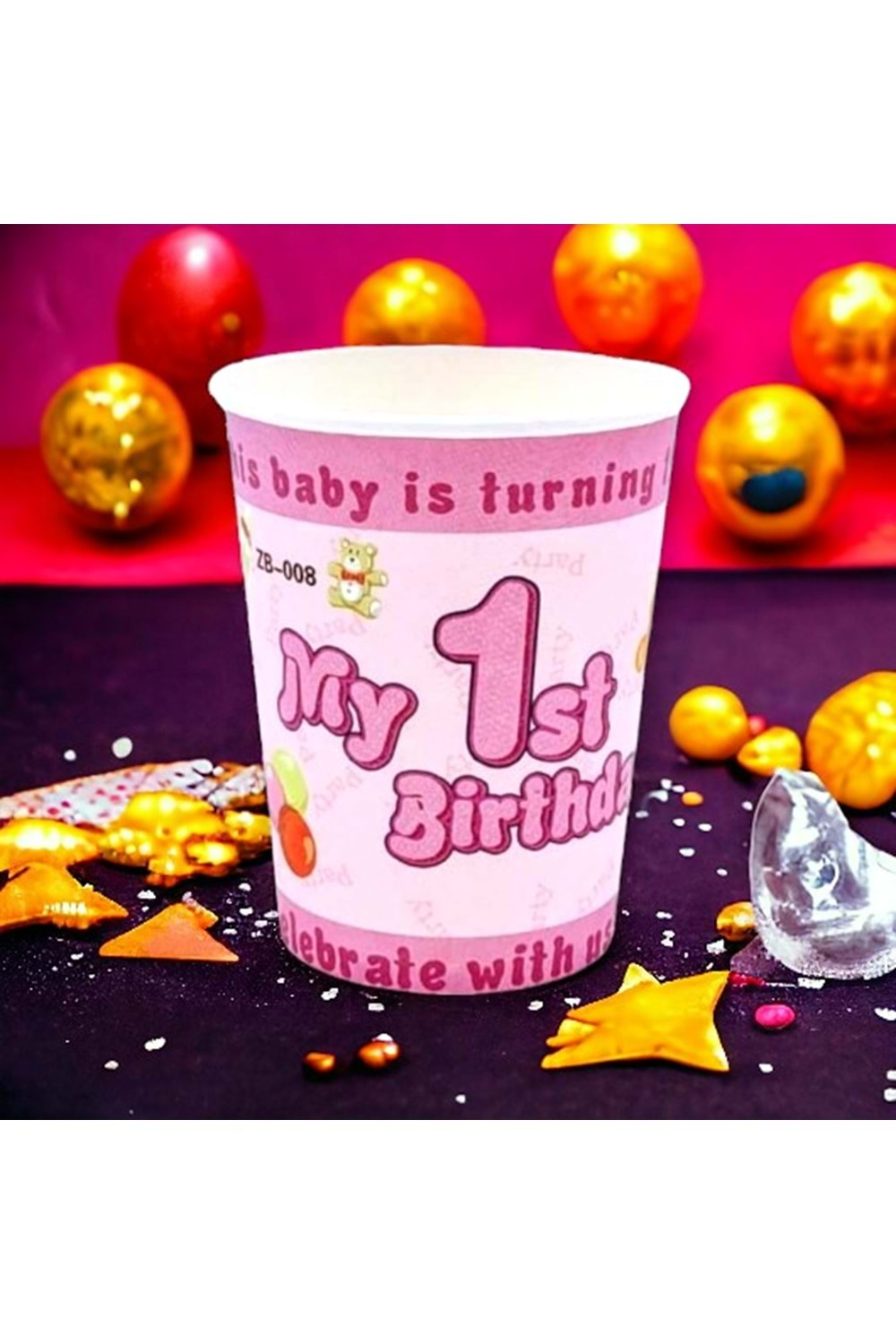 KARTON BARDAK - 1 ST BİRTHDAY PEMBE - 8 OZ - 8 Lİ