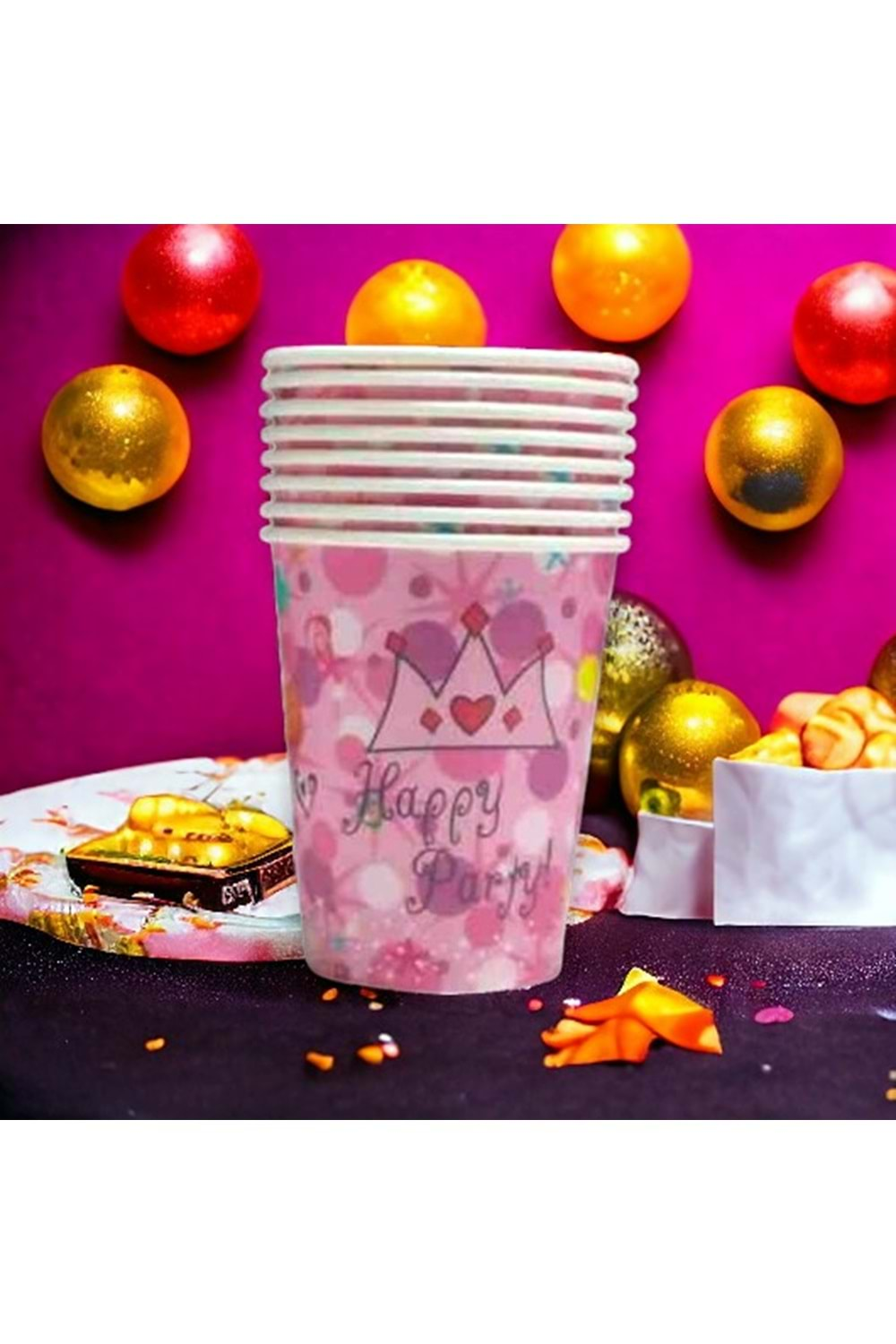 KARTON BARDAK - HAPPY PARTY PEMBE - 8 OZ - 8 Lİ