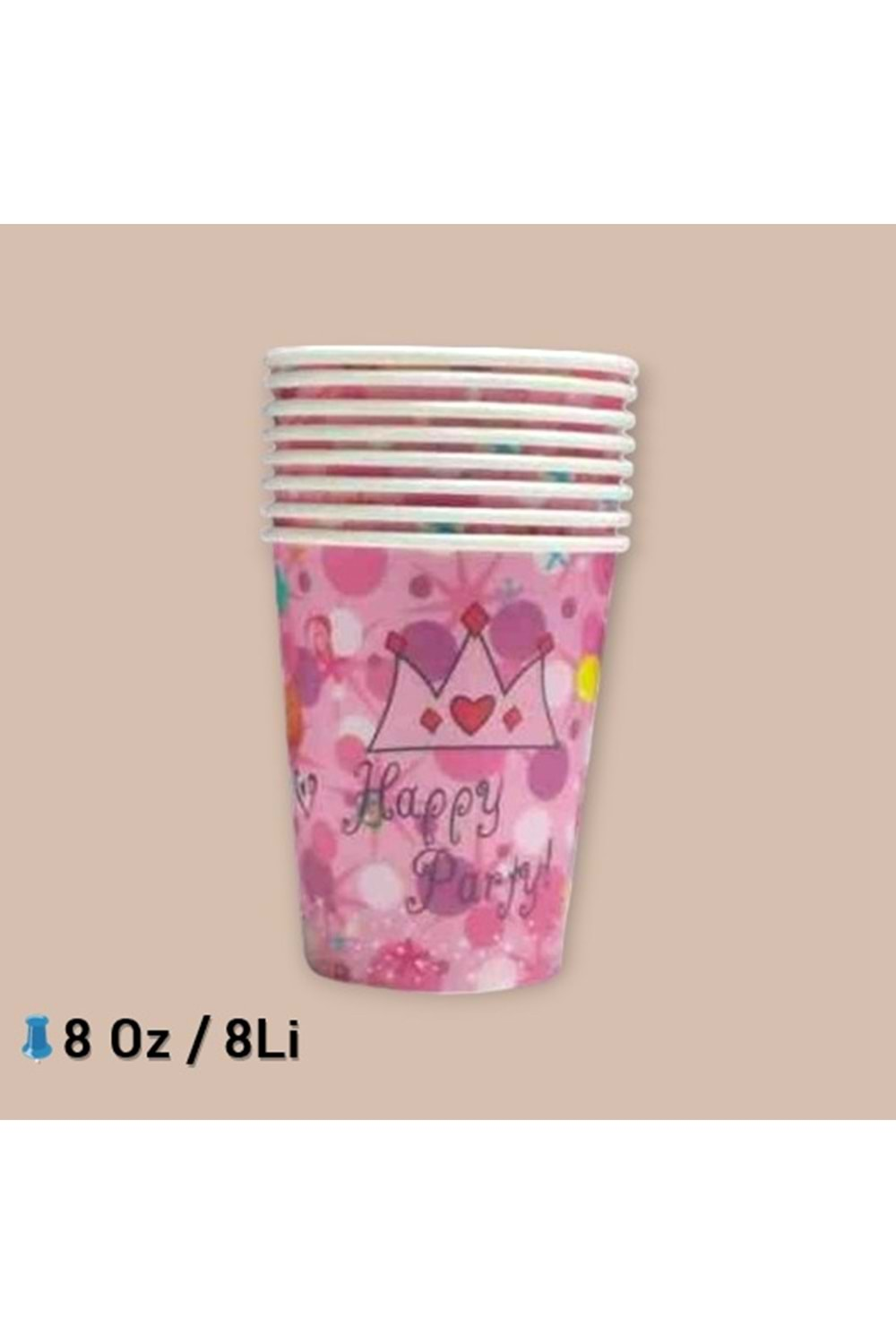 KARTON BARDAK - HAPPY PARTY PEMBE - 8 OZ - 8 Lİ