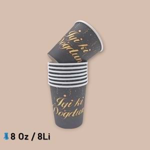 KARTON BARDAK - İYİ Kİ DOĞDUN SİYAH - 8 OZ - 8 Lİ