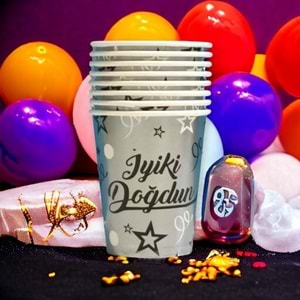 KARTON BARDAK - İYİ Kİ DOĞDUN GRİ - 8 OZ - 8 Lİ