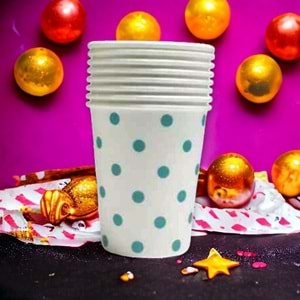 KARTON BARDAK - BEYAZ TURKUAZ PUANTİYELİ - 8 OZ - 8 Lİ