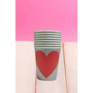 KARTON BARDAK - GRİ KIRMIZI KALP - 8 OZ - 8 Lİ