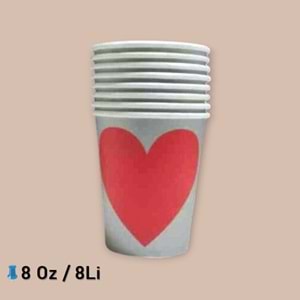 KARTON BARDAK - GRİ KIRMIZI KALP - 8 OZ - 8 Lİ