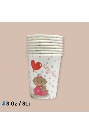 KARTON BARDAK - CANIM KIZIM PEMBE PUANTİYELİ - 8 OZ - 8 Lİ