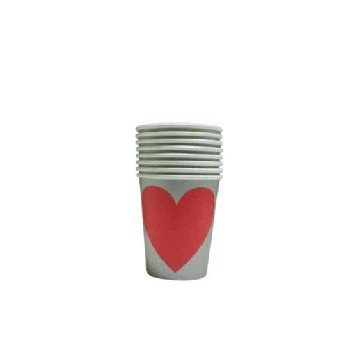 KARTON BARDAK - GRİ KIRMIZI KALP - 8 OZ - 8 Lİ