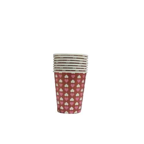 KARTON BARDAK - KIRMIZI BEYAZ PEMBE KALP - 8 OZ - 8 Lİ