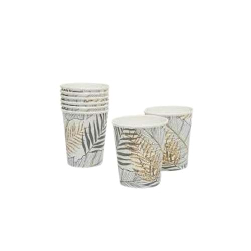 KARTON BARDAK - ALTIN SİMLİ YAPRAKLAR BEYAZ - 8 OZ - 8Lİ