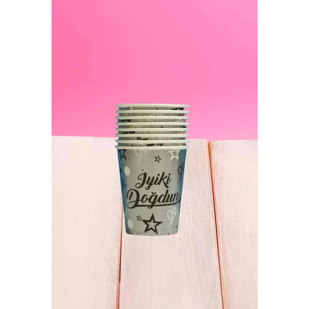 KARTON BARDAK - İYİ Kİ DOĞDUN GRİ - 8 OZ - 8 Lİ